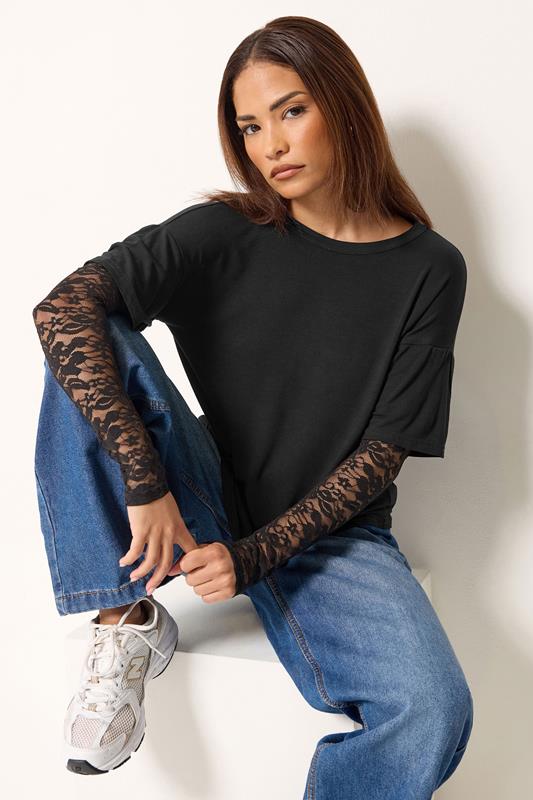 PixieGirl Petite Women's Black Lace Sleeve T-Shirt | PixieGirl 1