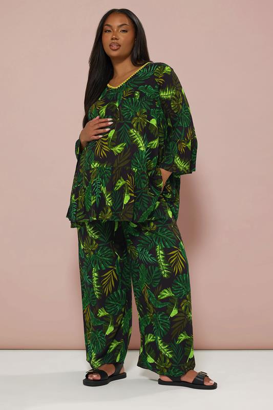 BUMP IT UP MATERNITY Plus Size Black & Green Palm Print Trousers | Yours Clothing 4