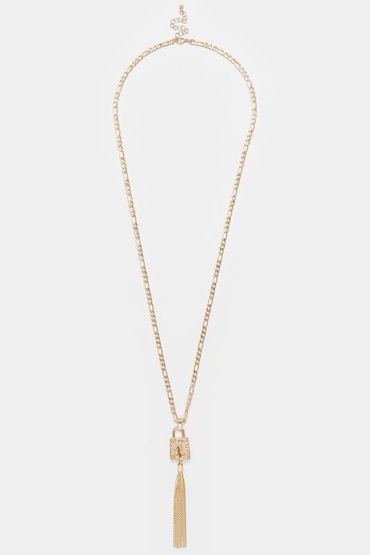 Gold Tone Long Padlock Tassel Necklace | Yours Clothing 1