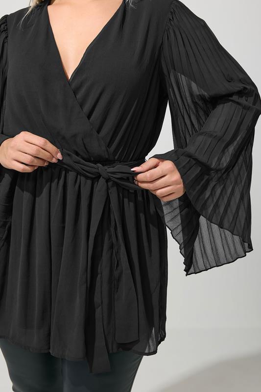 YOURS LONDON Plus Size Black Pleat Sleeve Wrap Top | Yours Clothing 4