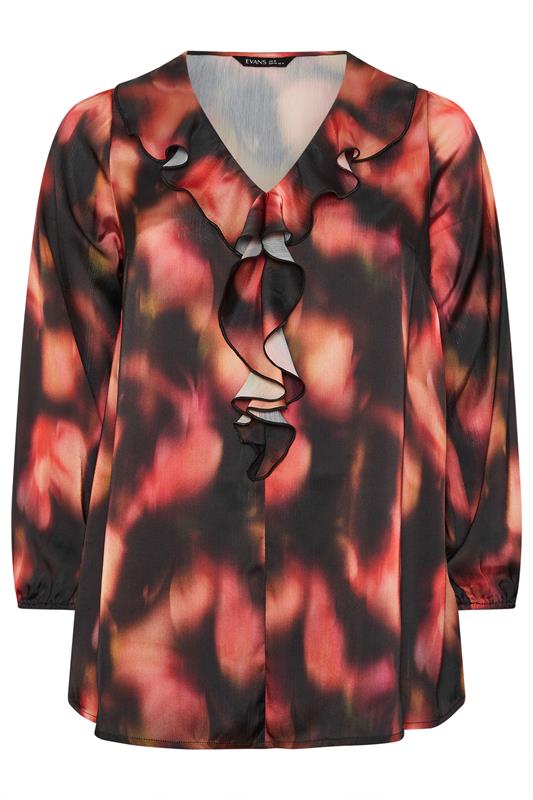 EVANS Plus Size Black Abstract Print Frill Detail Blouse | Evans 5