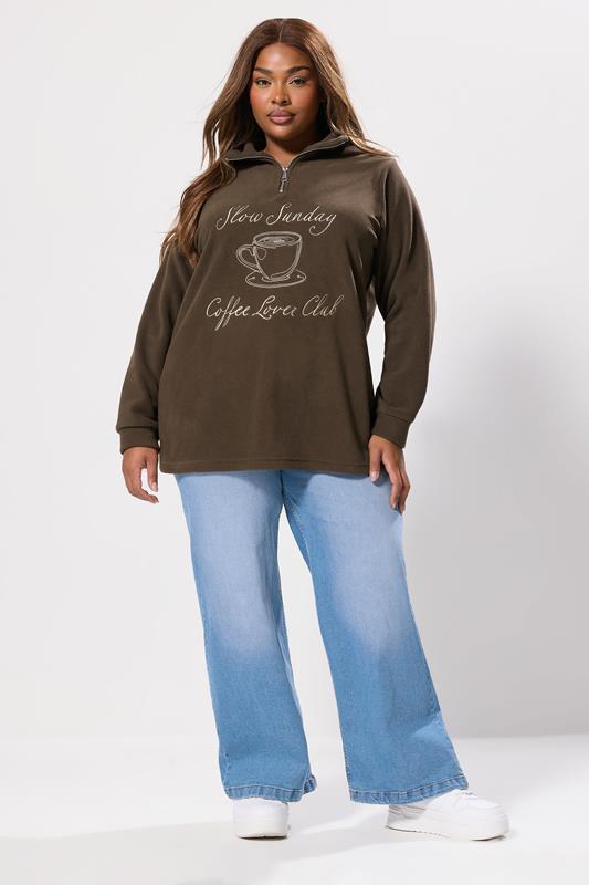 YOURS Plus Size Chocolate Brown 'Coffee Lover Club' Quarter Zip Fleece | Yours Clothing 2
