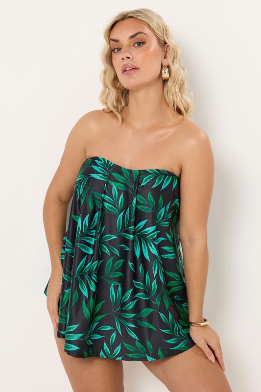 YOURS Plus Size Black Leaf Print Pleated Tankini Top | Yours Clothing 5