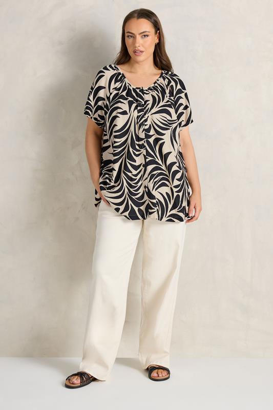 EVANS Plus Size Black Premium Linen Leaf Print Blouse | Evans 2