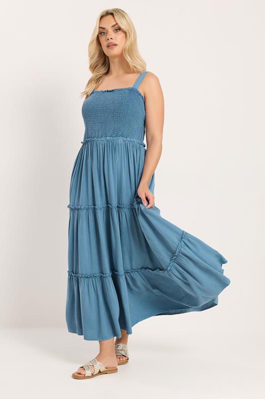 YOURS Plus Size Blue Shirred Strappy Chambray Maxi Dress | Yours Clothing 2