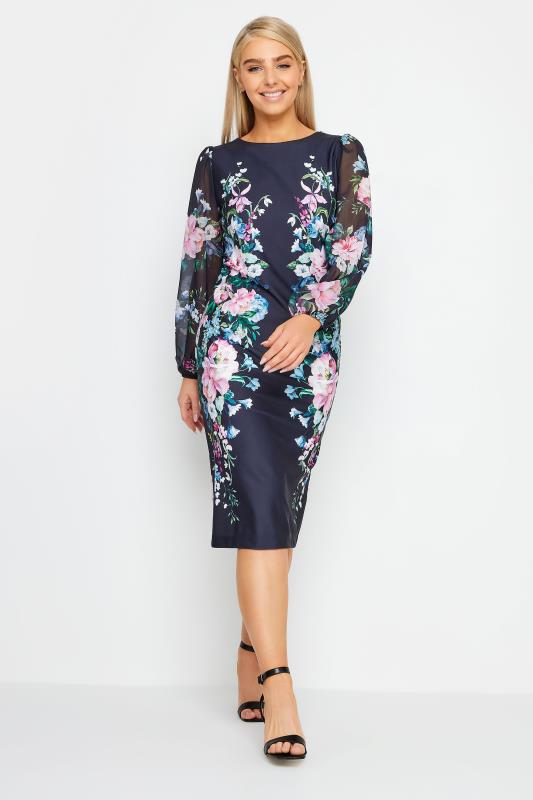 M&Co Navy Blue Floral Print Chiffon Sleeve Shift Dress | M&Co 1