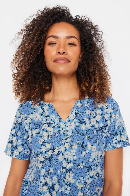 M&Co Blue Floral Print Notch Neck T-Shirt | M&Co 4