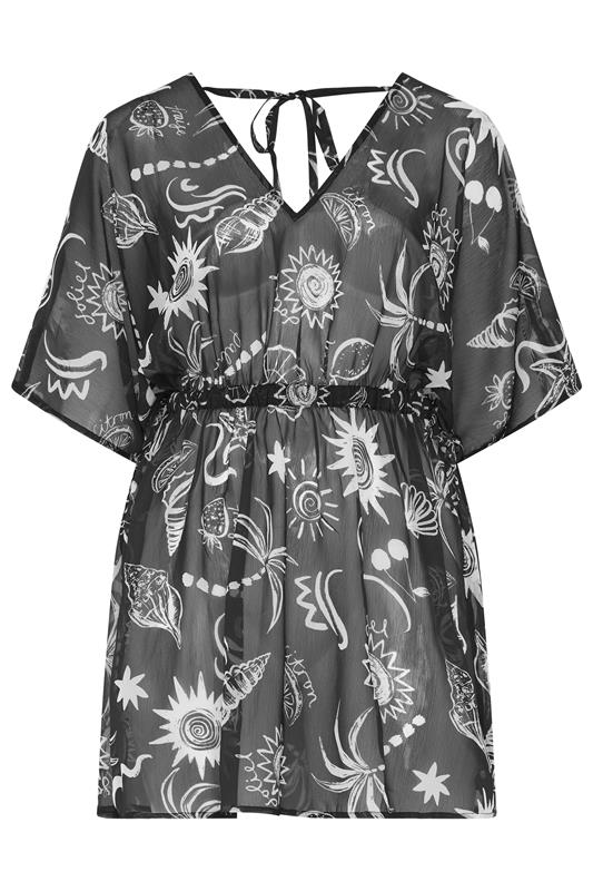 YOURS Plus Size Black Beach Print Mesh Flower Print Beach Kaftan | Yours Clothing 5