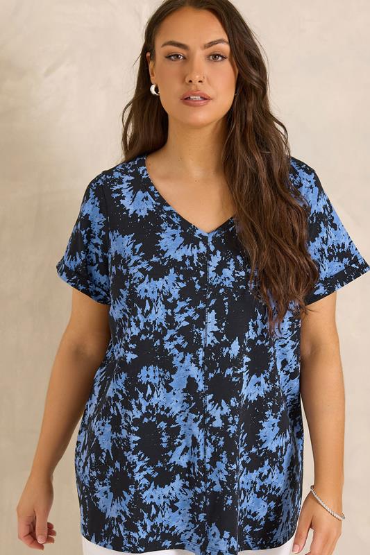 EVANS Plus Size Blue Tie Dye Cotton T-Shirt | Evans 1
