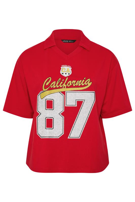 LIMITED COLLECTION Plus Size Red 'California 87' Rugby Collar Varsity Top | Yours Clothing 5