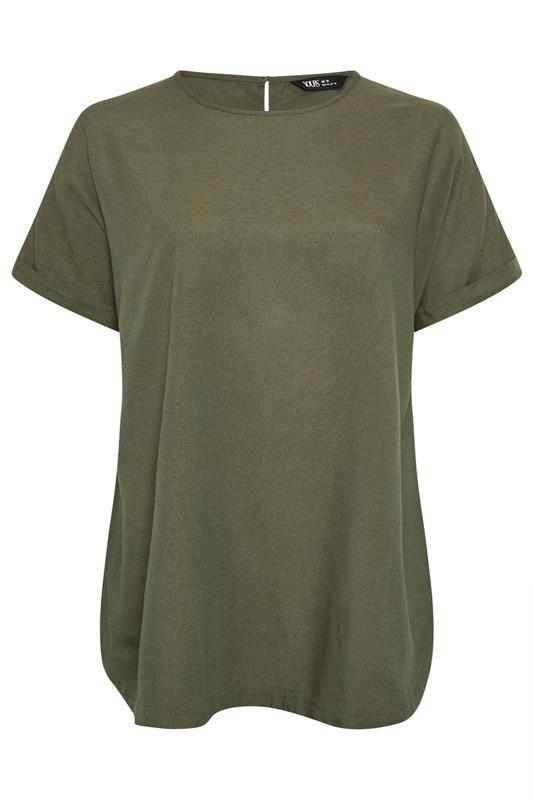 YOURS Plus Size Khaki Green Linen Boxy T-Shirt | Yours Clothing 5