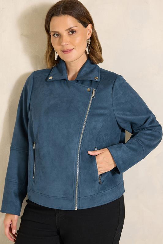 EVANS Plus Size Navy Blue Suedette Biker Jacket | Evans 1