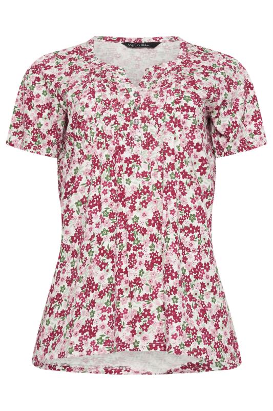 M&Co Pink Floral Print Cotton Short Sleeve Henley Top | M&Co 6