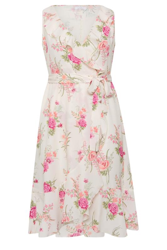 YOURS LONDON Plus Size White Floral Print Double Ruffle Wrap Dress | Yours Clothing 6