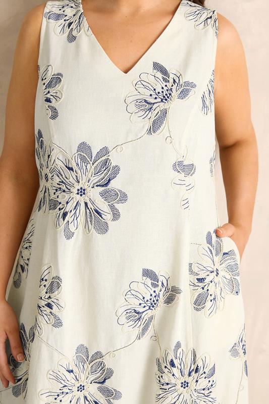 EVANS Plus Size Cream Embroidered Floral Linen Midi Dress | Evans 5