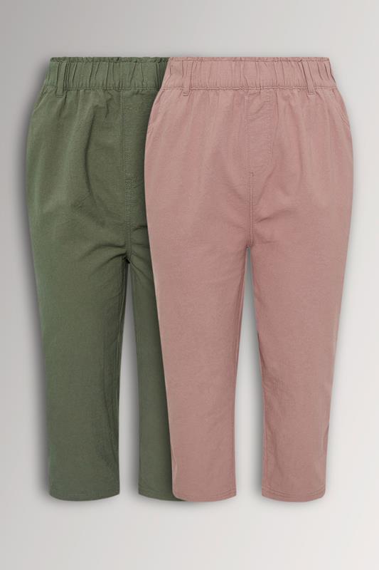 YOURSET 2 PACK Curve Olive Green & Pink Cool Cotton Cropped Trousers