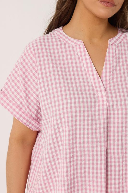 YOURS Plus Size Pink Check Overhead Half Placket Shirt | Yours Clothing 4
