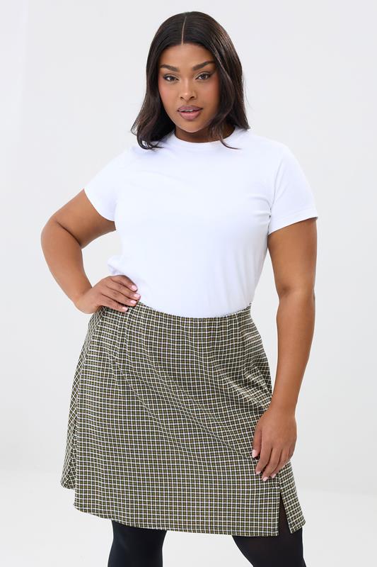 YOURS Curve Green Check Mini Skirt