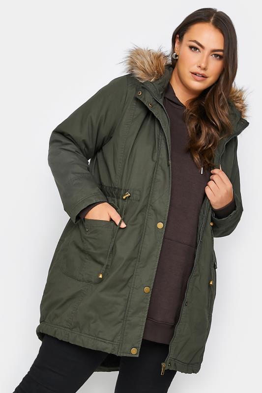Plus Size  YOURS Curve Khaki Green Faux Fur Lined Hooded Parka Coat