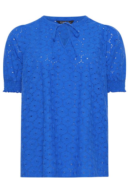 EVANS Plus Size Blue Floral Broderie Tie Neck Blouse | Evans 5