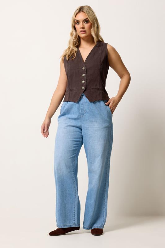 YOURS Plus Size Chocolate Brown Denim Waistcoat | Yours Clothing 1