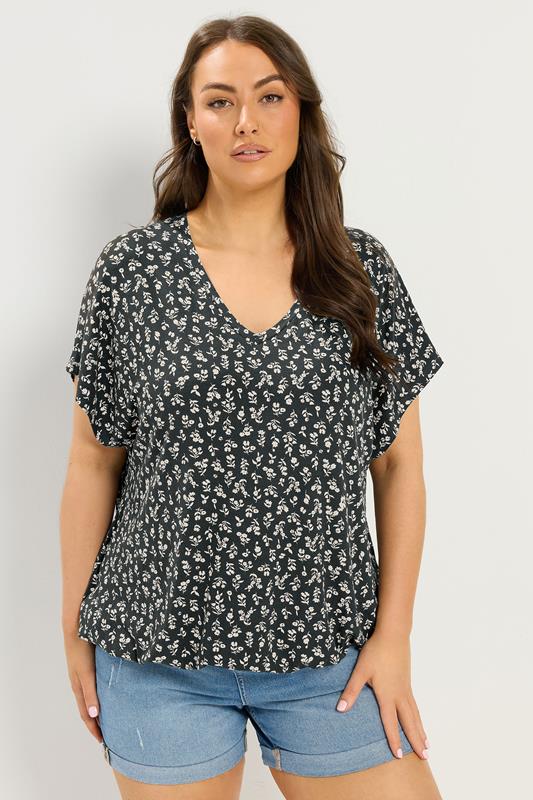 YOURS Curve Black Floral Elasticated Hem T-Shirt