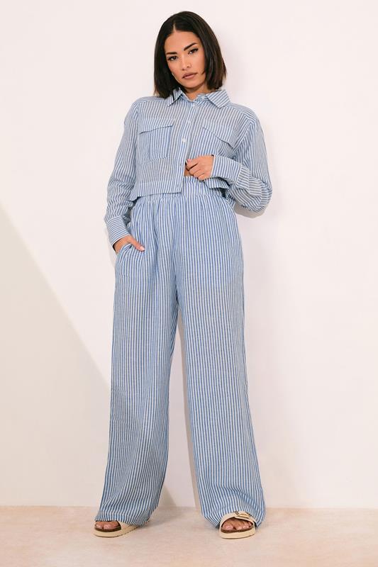 PixieGirl Petite Blue Linen Striped Wide Leg Trousers