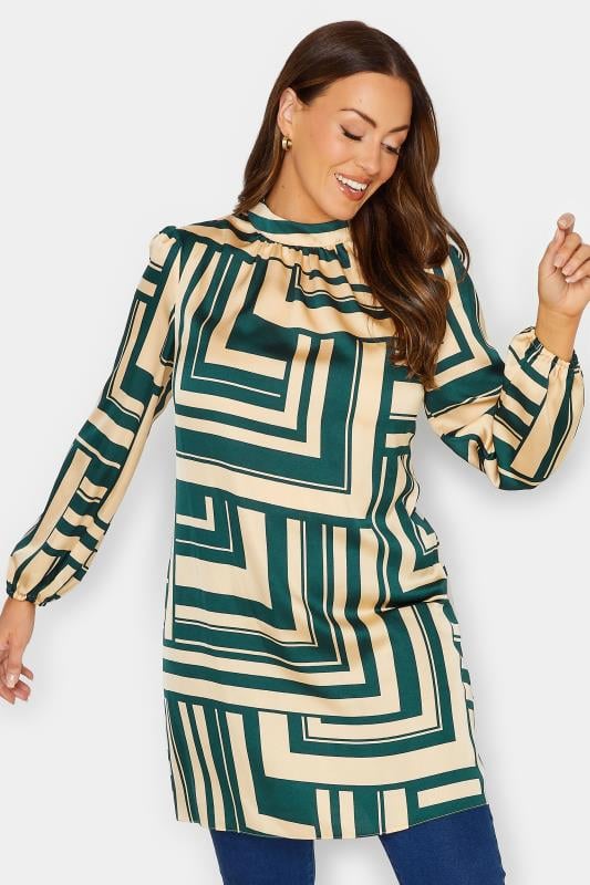 Women's  M&Co Green Geometric Print High Neck Tunic Blouse