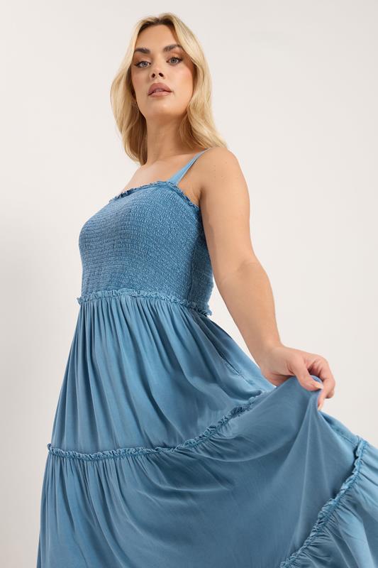 YOURS Plus Size Blue Shirred Strappy Chambray Maxi Dress | Yours Clothing 1