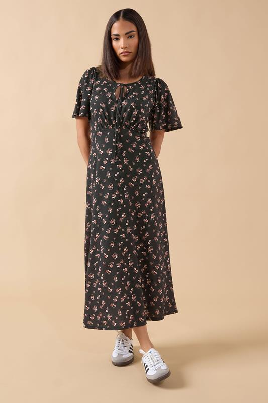 PixieGirl Petite Women's Black Ditsy FloralTie Front Midi Dress | PixieGirl 1