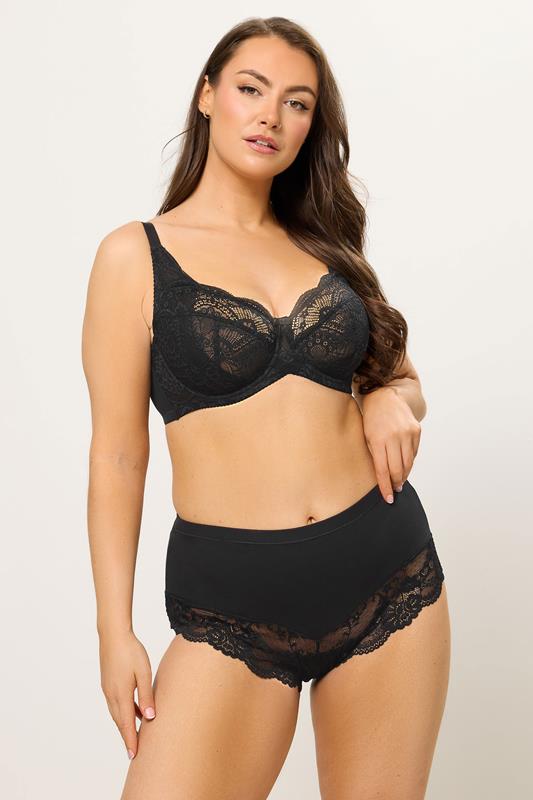 YOURS Plus Size Black Hi Shine Lace Full Brief | Yours Clothing 1