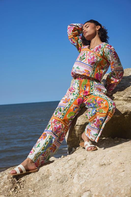  PixieGirl Petite Orange Abstract Tile Print Cotton Wide Leg Trousers
