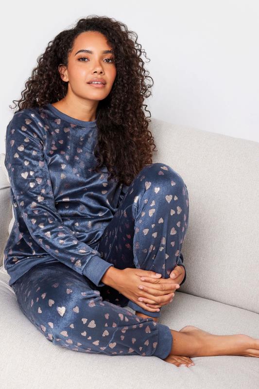 Women's  M&Co Blue Foil Heart Print Fleece Pyjama Lounge Set