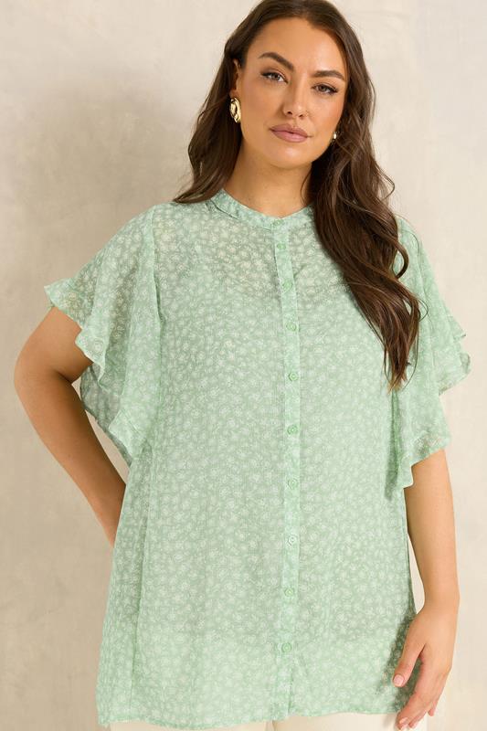 EVANS Curve Green Frill sleeve Blouse | Evans 1