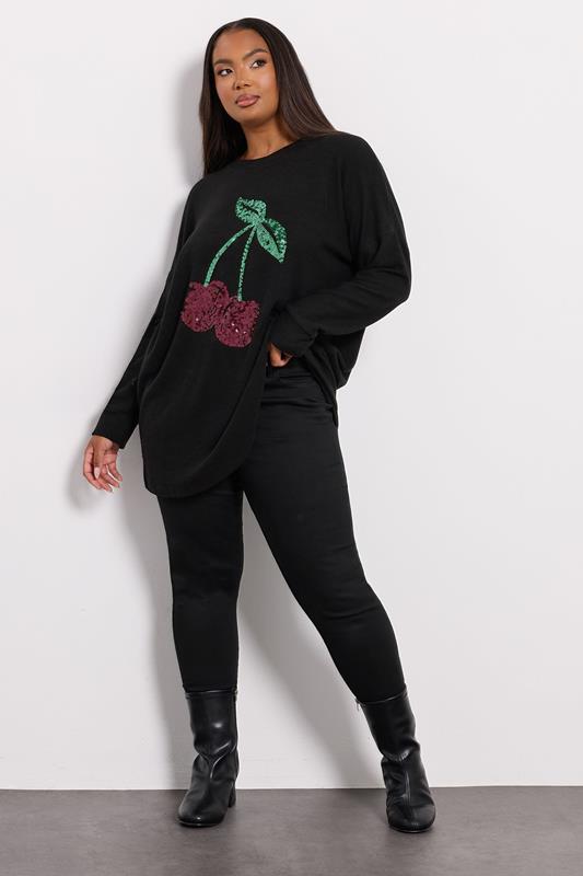 YOURS Plus Size Black Cherry Sequin Embellished Jumper | Yours Clothing 1