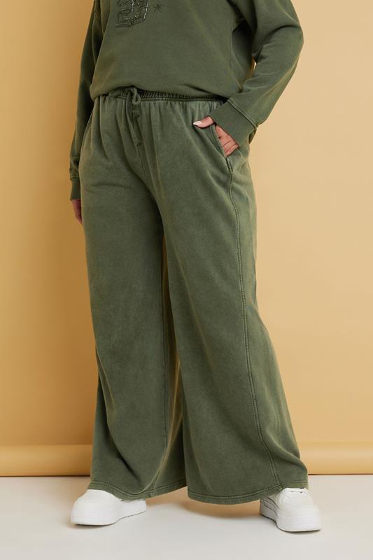 YOURS Plus Size Khaki Green Washed Wide Leg Joggers | Yours Clothing 1
