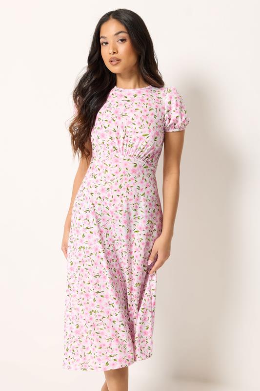 PixieGirl Petite Women's Pink & White Floral Midi Dress | PixieGirl 1