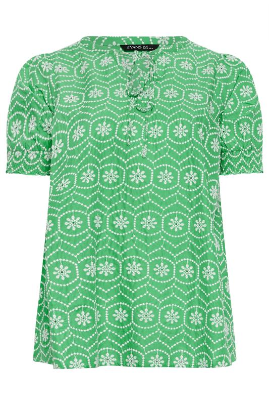 EVANS Plus Size Green Floral Broderie Tie Neck Blouse | Evans 5
