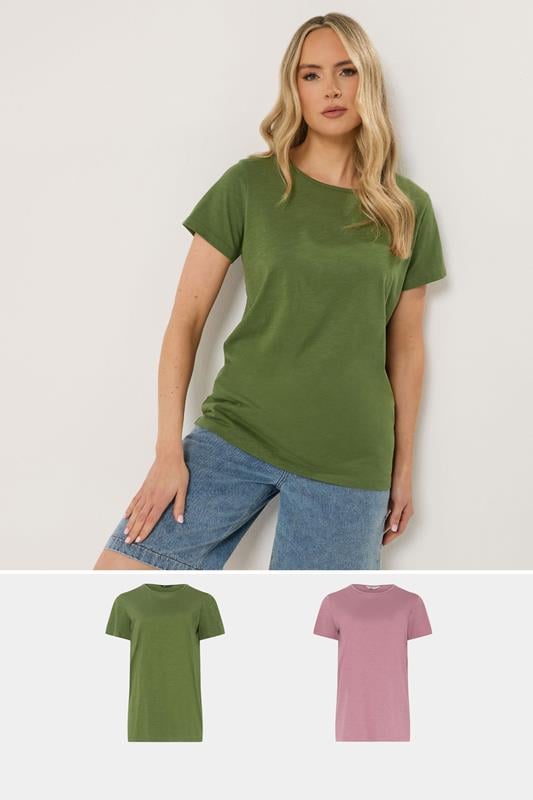 LTS Tall 2 PACK Olive Green & Pink Marl Cotton T-Shirt