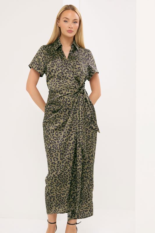 STAR Khaki Green Leopard Satin Maxi Dress