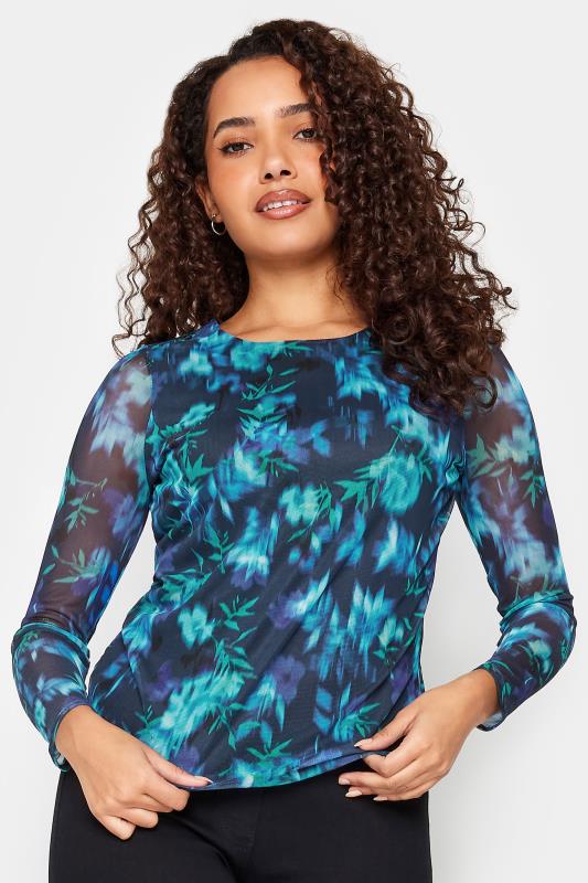 Women's  M&Co Blue Floral Print Mesh Long Sleeve Top
