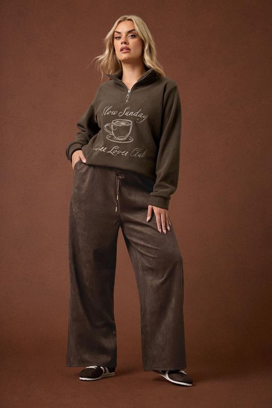 YOURS Plus Size Chocolate Brown Faux Suede Wide Leg Trousers | Yours Clothing 1