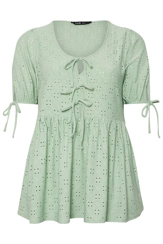 YOURS Plus Size Green Broderie Anglaise Tie Front Peplum Top | Yours Clothing 6