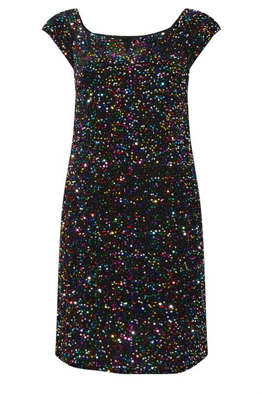 YOURS LONDON Plus Size Black Rainbow Sequin Velvet Bardot Dress | Yours Clothing 5