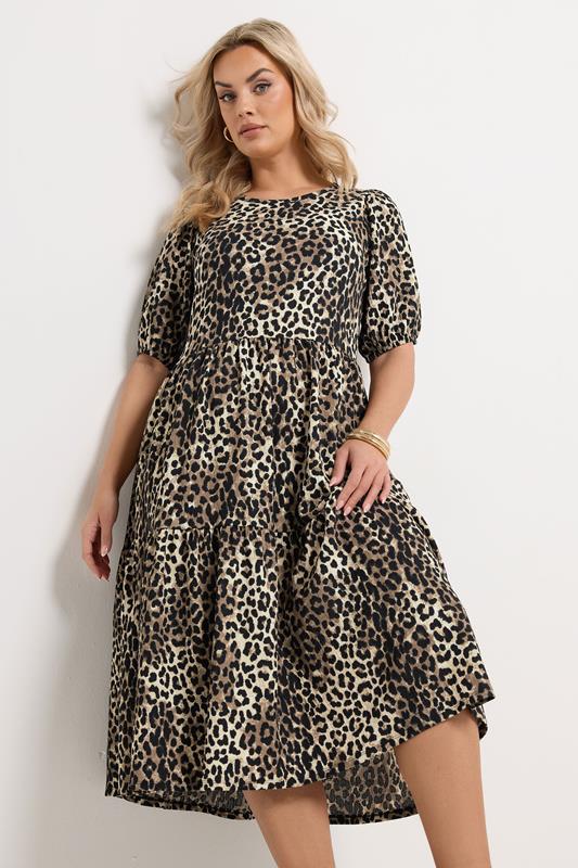 YOURS Curve Natural Brown Leopard Tiered Midi Dress