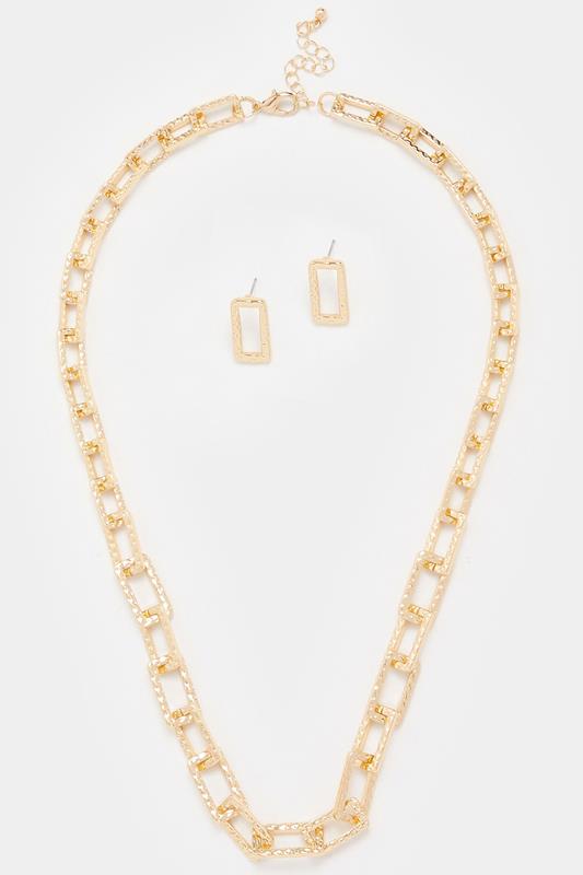 Gold Tone Hammered Link Necklace & Earring Set | Yours Clothing 1