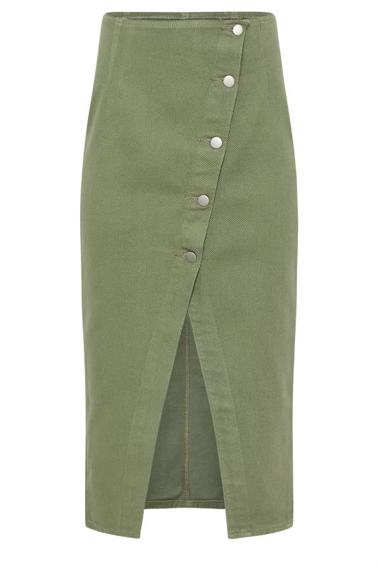 PixieGirl Petite Women's Khaki Green Denim Asymmetric Button Midi Skirt | PixieGirl 6