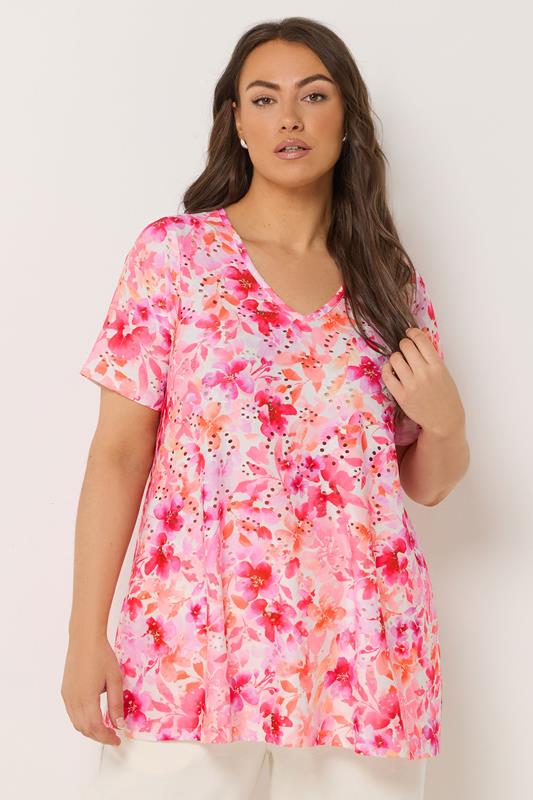 YOURS Curve Pink Floral Print Broderie Anglaise Top