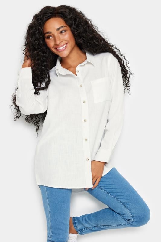 Women's  M&Co Petite White Linen Long Sleeve Shirt
