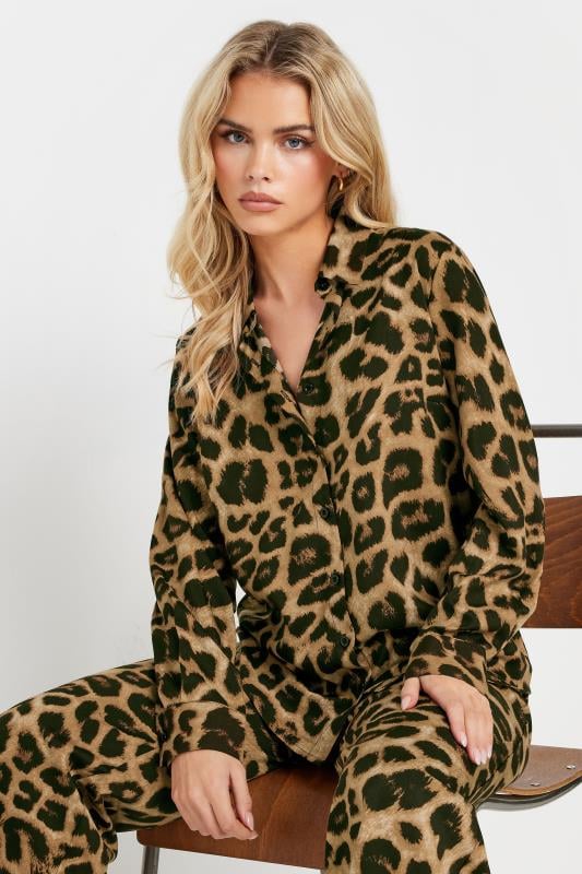 PixieGirl Petite Women's Brown Leopard Print Long Sleeve Shirt | PixieGirl 1